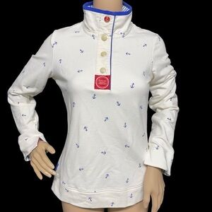 Tom Joule Joules Original Ivory 4 Quarter Snap Pullover Anchor Print in EUC